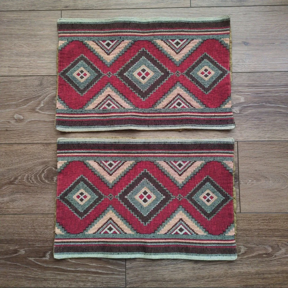 Southwest Placemats‎ Set (4) Red Geometric Woven Green Tan Diamond Tapestry